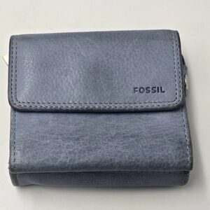 Vintage Fossil Blue Leather Wallet Unisex Zip Around Coin Pocket ID Window 90s